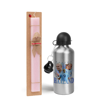 Erling Haaland, Easter Set, metallic Silver aluminum water bottle (500ml) & scented flat Easter candle (30cm) (PINK)