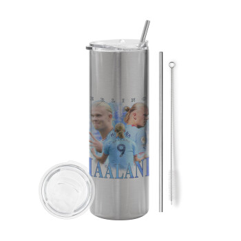 Erling Haaland, Eco friendly stainless steel Silver tumbler 600ml, with metal straw & cleaning brush