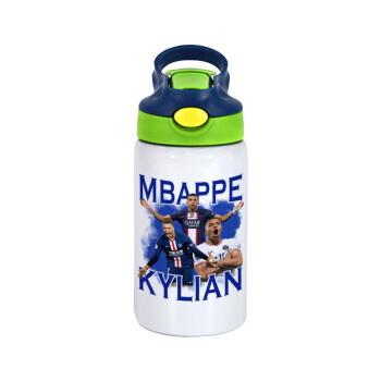 Kylian Mbappé, Children's hot water bottle, stainless steel, with safety straw, green, blue (350ml)
