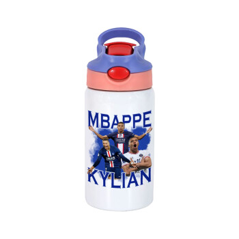 Kylian Mbappé, Children's hot water bottle, stainless steel, with safety straw, pink/purple (350ml)