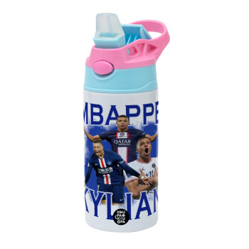 Kylian Mbappé, Children's hot water bottle, stainless steel, with safety straw, Pink/BlueCiel (360ml) BPA FREE