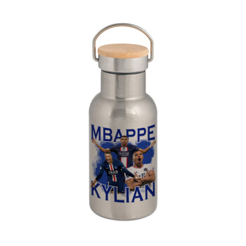 Kylian Mbappé, Stainless steel metallic thermos flask, silver with a bamboo lid, double-walled, 350ml.