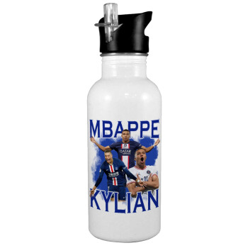 Kylian mbappe, Παγούρι νερού Λευκό με καλαμάκι, ανοξείδωτο ατσάλι 600ml