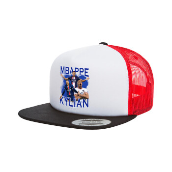 Kylian Mbappé, Adult Foam Flat Snapback with Mesh Black-White-Red (POLYESTER, ADULT, UNISEX, ONE SIZE)