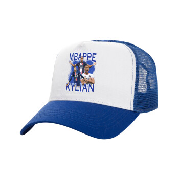 Kylian Mbappé, Adult Structured Trucker Hat, with Mesh, WHITE/BLUE (100% COTTON, ADULT, UNISEX, ONE SIZE)