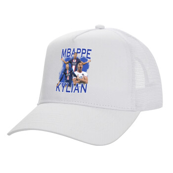 Kylian Mbappé, Structured Trucker Adult Hat, with Mesh, WHITE (100% COTTON, ADULT, UNISEX, ONE SIZE)