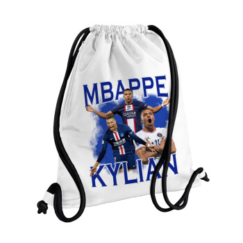 Kylian Mbappé, Τσάντα πλάτης πουγκί GYMBAG λευκή, με τσέπη (40x48cm) & χονδρά κορδόνια