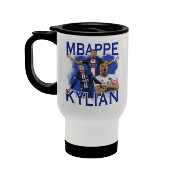 Kylian Mbappé, Stainless steel travel mug with lid, double wall white 450ml