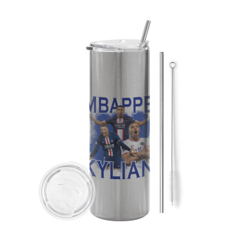 Kylian Mbappé, Eco friendly stainless steel Silver tumbler 600ml, with metal straw & cleaning brush