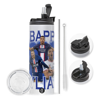 Kylian mbappe, Travel Tumbler θερμό με διπλό καπάκι, μεταλλικό καλαμάκι και βούρτσα καθαρισμού (Ανωξείδωτο 304 Food grade, BPA free, 600ml)