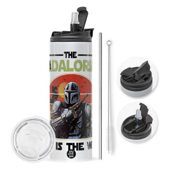 The Dadalorian, Travel Tumbler θερμό με διπλό καπάκι, μεταλλικό καλαμάκι και βούρτσα καθαρισμού (Ανωξείδωτο 304 Food grade, BPA free, 600ml)