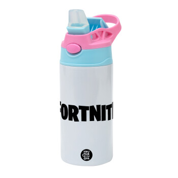 Fortnite landscape, Children's hot water bottle, stainless steel, with safety straw, Pink/BlueCiel (360ml) BPA FREE