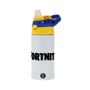 Fortnite landscape, Children's hot water bottle, stainless steel, with safety straw, green, blue (360ml) BPA FREE