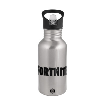 Fortnite landscape, Water bottle Silver with straw, stainless steel 500ml