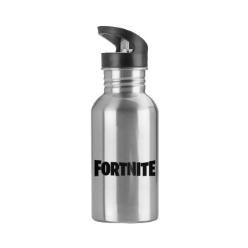 Fortnite landscape, Water bottle Silver with straw, stainless steel 600ml