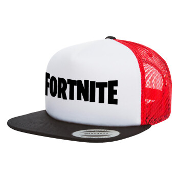 Fortnite landscape, Adult Foam Flat Snapback with Mesh Black-White-Red (POLYESTER, ADULT, UNISEX, ONE SIZE)