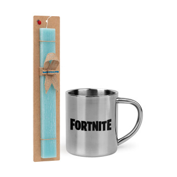 Fortnite landscape, Easter Set, metallic thermal cup (300ml) & aromatic flat Easter candle (30cm) (TURQUOISE)