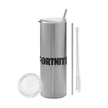 Fortnite landscape, Eco friendly stainless steel Silver tumbler 600ml, with metal straw & cleaning brush