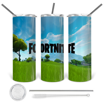 Fortnite landscape, 360 Eco friendly ποτήρι θερμό (tumbler) από ανοξείδωτο ατσάλι 600ml, με μεταλλικό καλαμάκι & βούρτσα καθαρισμού