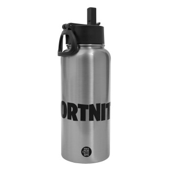 Fortnite landscape, Metal mug thermo Silver with Straw and Spout Lid (Stainless steel), double wall, 950ml