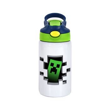 Minecraft creeper, Children's hot water bottle, stainless steel, with safety straw, green, blue (350ml)