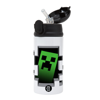 Minecraft creeper, Children's hot water bottle, stainless steel, with safety straw, Black (360ml) BPA-FREE