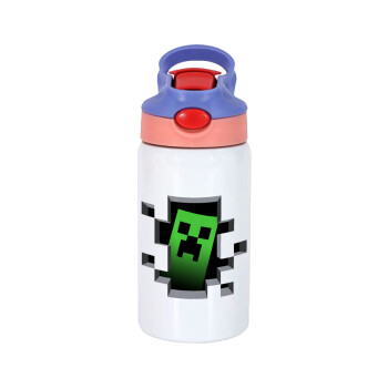 Minecraft creeper, Παιδικό παγούρι θερμό, ανοξείδωτο, με καλαμάκι ασφαλείας, ροζ/μωβ (350ml)