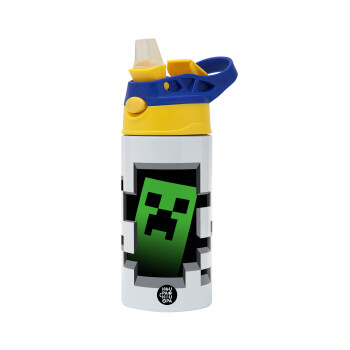 Minecraft creeper, Children's hot water bottle, stainless steel, with safety straw, green, blue (360ml) BPA FREE