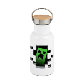 Minecraft creeper, Metallic thermos (Stainless steel) White with wooden lid (bamboo), double-walled, 350ml