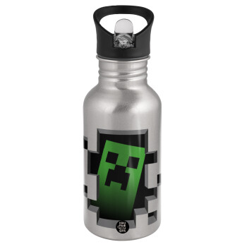 Minecraft creeper, Water bottle Silver with straw, stainless steel 500ml