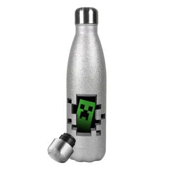 Minecraft creeper, Metallic Glitter Silver Thermos Flask (Stainless steel), double-walled, 500ml