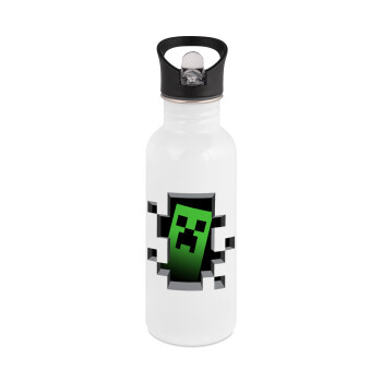 Minecraft creeper, White water bottle with straw, stainless steel 600ml