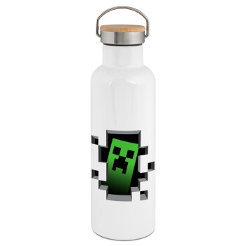 Minecraft creeper, Μεταλλικό παγούρι θερμός (Stainless steel) Λευκό με ξύλινο καπακι (bamboo), διπλού τοιχώματος, 750ml