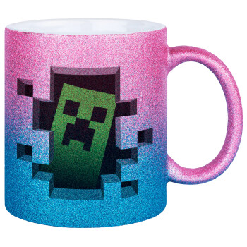 Minecraft creeper, Κούπα Χρυσή/Μπλε Glitter, κεραμική, 330ml