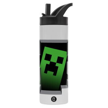 Minecraft creeper, Metallic thermos bottle with straw & handle, stainless steel (Stainless steel 304), double-walled, 600ml.