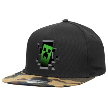 Minecraft creeper, Adult Flat Snapback Hat Black/Camouflage, (100% COTTON TWILL, ADULT, UNISEX, ONE SIZE)