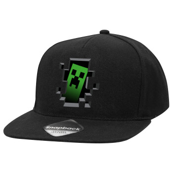 Minecraft creeper, Adult Flat Snapback Hat Black, (100% COTTON TWILL, ADULT, UNISEX, ONE SIZE)