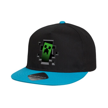 Minecraft creeper, Child's Flat Snapback Hat, Black/Blue (100% COTTON, CHILD, UNISEX, ONE SIZE)