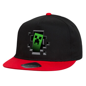 Minecraft creeper, Children's Flat Snapback Hat, Black/Red (100% COTTON, CHILDREN'S, UNISEX, ONE SIZE)