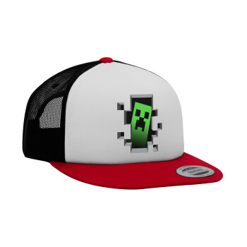 Minecraft creeper, Adult Foam Flat Snapback with Mesh Red-White-Black (POLYESTER, ADULT, UNISEX, ONE SIZE)