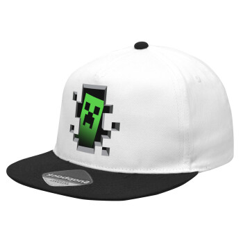 Minecraft creeper, Καπέλο Ενηλίκων Flat Snapback Λευκό/Μαύρο, (100% ΒΑΜΒΑΚΕΡΟ Twill, ΕΝΗΛΙΚΩΝ, UNISEX, ONE SIZE)