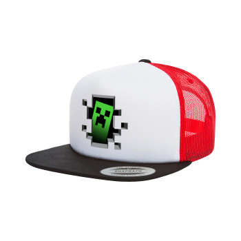 Minecraft creeper, Adult Foam Flat Snapback with Mesh Black-White-Red (POLYESTER, ADULT, UNISEX, ONE SIZE)