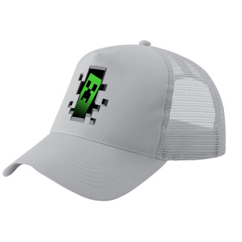 Minecraft creeper, Adult Structured Trucker Hat, with Mesh, GRAY (100% COTTON, ADULT, UNISEX, ONE SIZE)