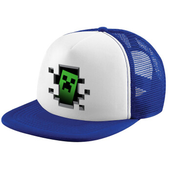 Minecraft creeper, Child's Soft Trucker Hat with Blue/White Mesh (POLYESTER, CHILD, ONE SIZE)