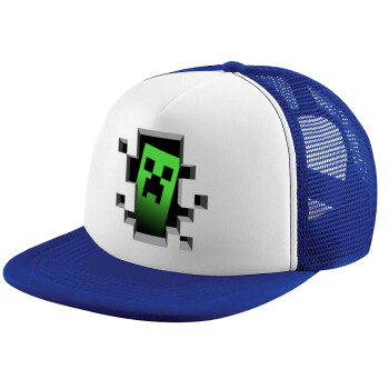 Minecraft creeper, Child's Soft Trucker Hat with Blue/White Mesh (POLYESTER, CHILD, ONE SIZE)