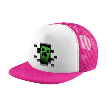 Minecraft creeper, Καπέλο παιδικό Soft Trucker με Δίχτυ ΡΟΖ/ΛΕΥΚΟ (POLYESTER, ΠΑΙΔΙΚΟ, ONE SIZE)