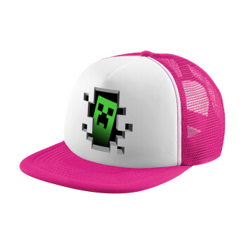 Minecraft creeper, Child's Soft Trucker Hat with Pink/White Mesh (POLYESTER, CHILD, ONE SIZE)