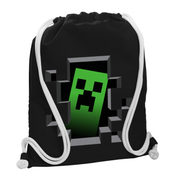 Minecraft creeper, Backpack pouch GYMBAG Black, with pocket (40x48cm) & thick white cords