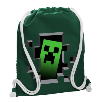 Minecraft creeper, Τσάντα πλάτης πουγκί GYMBAG BOTTLE GREEN, με τσέπη (40x48cm) & χονδρά λευκά κορδόνια