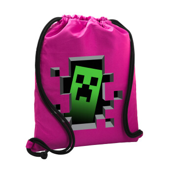 Minecraft creeper, Backpack pouch GYMBAG Fuchsia, with pocket (40x48cm) & thick cords